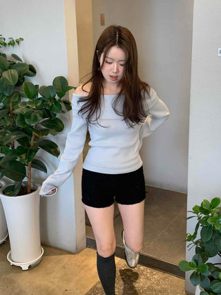 Square Neck Slim Shoulder Cutout Ribbed Long Sleeve T-shirt
