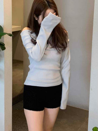 Square Neck Slim Shoulder Cutout Ribbed Long Sleeve T-shirt