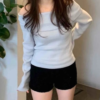 Square Neck Slim Shoulder Cutout Ribbed Long Sleeve T-shirt