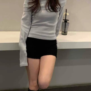 Square Neck Slim Shoulder Cutout Ribbed Long Sleeve T-shirt
