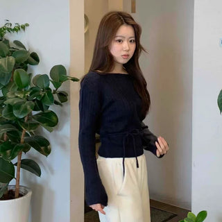 Belt Set Shirred Slim Fit Boat Neck Knit