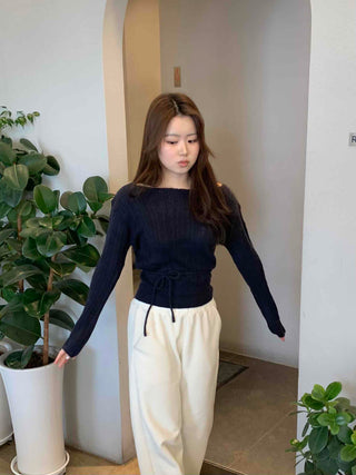 Belt Set Shirred Slim Fit Boat Neck Knit