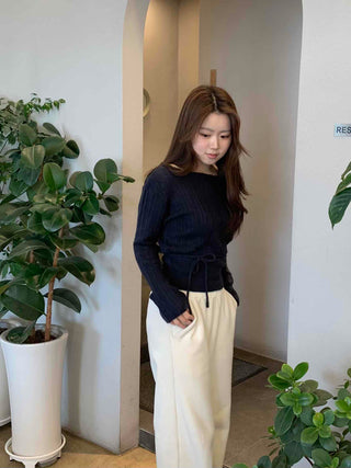 Belt Set Shirred Slim Fit Boat Neck Knit