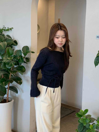 Belt Set Shirred Slim Fit Boat Neck Knit