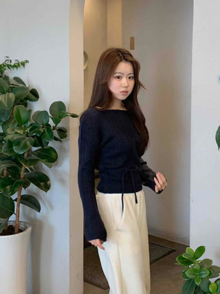 Belt Set Shirred Slim Fit Boat Neck Knit