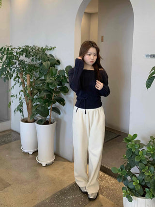 Belt Set Shirred Slim Fit Boat Neck Knit