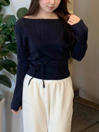 Belt Set Shirred Slim Fit Boat Neck Knit