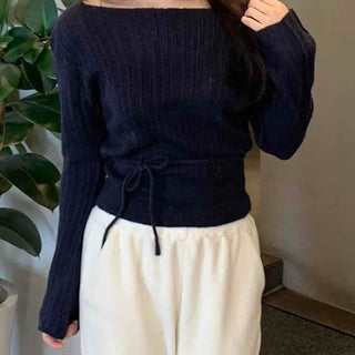 Belt Set Shirred Slim Fit Boat Neck Knit