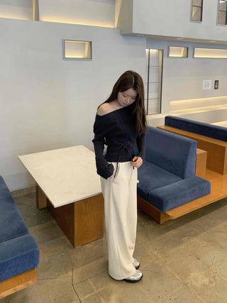 Belt Set Shirred Slim Fit Boat Neck Knit