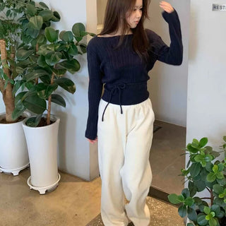 Belt Set Shirred Slim Fit Boat Neck Knit