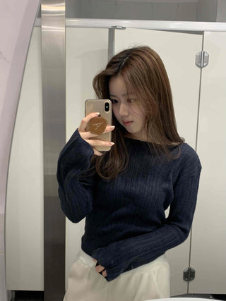 Belt Set Shirred Slim Fit Boat Neck Knit
