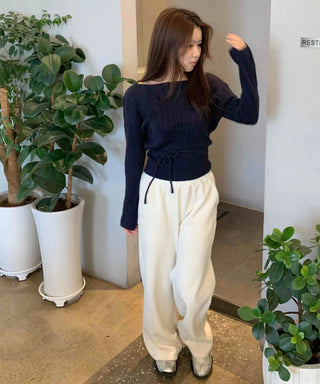 Belt Set Shirred Slim Fit Boat Neck Knit