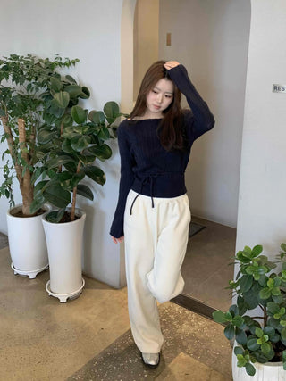 Belt Set Shirred Slim Fit Boat Neck Knit