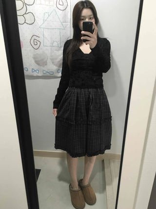 Balloon Shirred Pleated Flare Midi Skirt