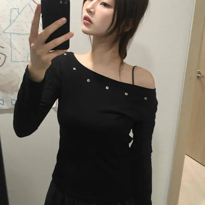 Silver Studded Slash Off-Shoulder Long Sleeve T-shirt