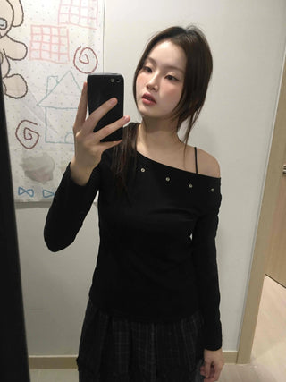 Silver Studded Slash Off-Shoulder Long Sleeve T-shirt