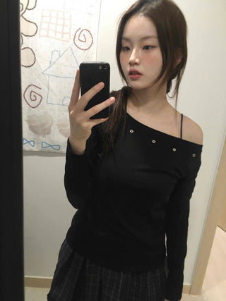 Silver Studded Slash Off-Shoulder Long Sleeve T-shirt