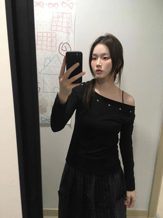 Silver Studded Slash Off-Shoulder Long Sleeve T-shirt