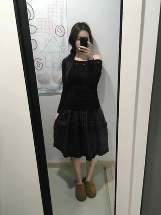Silver Studded Slash Off-Shoulder Long Sleeve T-shirt
