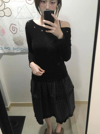 Silver Studded Slash Off-Shoulder Long Sleeve T-shirt