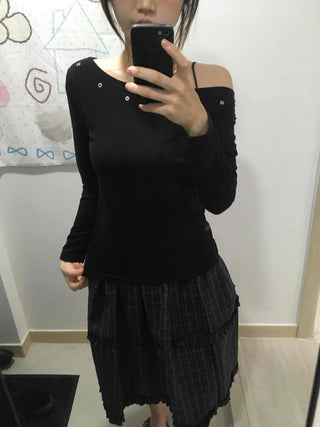 Silver Studded Slash Off-Shoulder Long Sleeve T-shirt