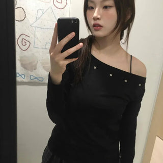 Silver Studded Slash Off-Shoulder Long Sleeve T-shirt