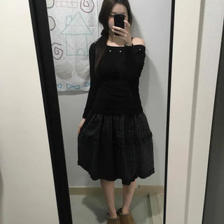 Silver Studded Slash Off-Shoulder Long Sleeve T-shirt