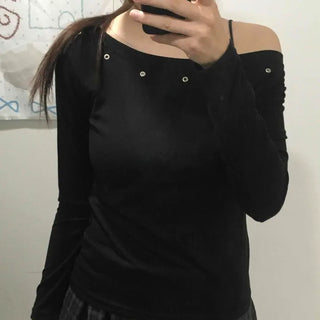 Silver Studded Slash Off-Shoulder Long Sleeve T-shirt