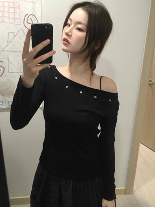 Silver Studded Slash Off-Shoulder Long Sleeve T-shirt