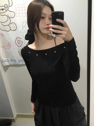 Silver Studded Slash Off-Shoulder Long Sleeve T-shirt