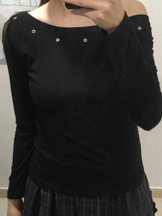 Silver Studded Slash Off-Shoulder Long Sleeve T-shirt