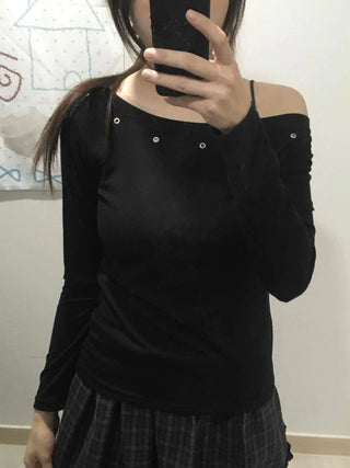 Silver Studded Slash Off-Shoulder Long Sleeve T-shirt