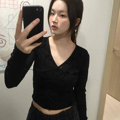 Mystic Hope Ribbon Velvet Crop V-Neck Long Sleeve T-Shirt