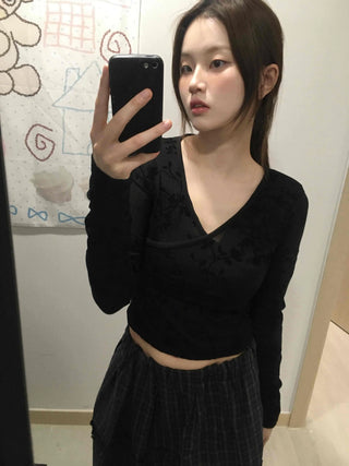 Mystic Hope Ribbon Velvet Crop V-Neck Long Sleeve T-Shirt