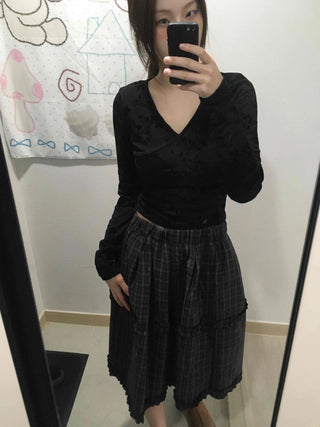 Mystic Hope Ribbon Velvet Crop V-Neck Long Sleeve T-Shirt