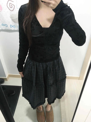 Mystic Hope Ribbon Velvet Crop V-Neck Long Sleeve T-Shirt