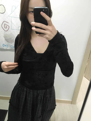 Mystic Hope Ribbon Velvet Crop V-Neck Long Sleeve T-Shirt