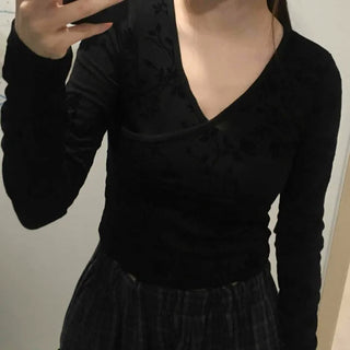 Mystic Hope Ribbon Velvet Crop V-Neck Long Sleeve T-Shirt