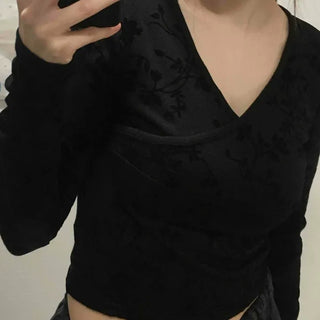 Mystic Hope Ribbon Velvet Crop V-Neck Long Sleeve T-Shirt