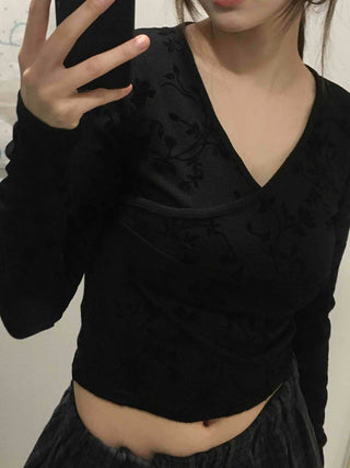 Mystic Hope Ribbon Velvet Crop V-Neck Long Sleeve T-Shirt