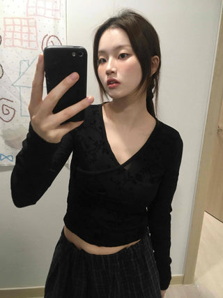Mystic Hope Ribbon Velvet Crop V-Neck Long Sleeve T-Shirt