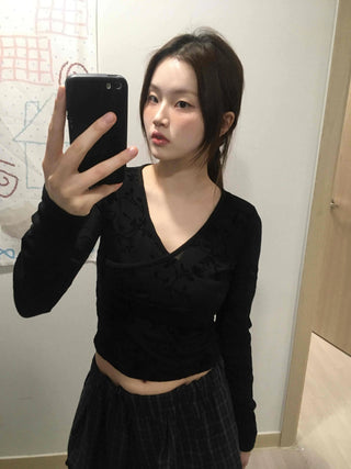 Mystic Hope Ribbon Velvet Crop V-Neck Long Sleeve T-Shirt