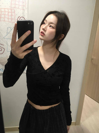 Mystic Hope Ribbon Velvet Crop V-Neck Long Sleeve T-Shirt