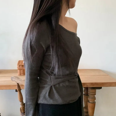 Ribbon Belt Puff Sleeve One-Shoulder Knit