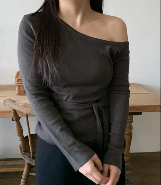 Ribbon Belt Puff Sleeve One-Shoulder Knit