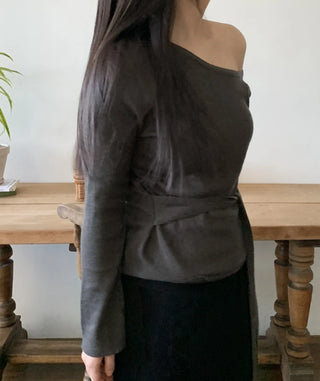 Ribbon Belt Puff Sleeve One-Shoulder Knit