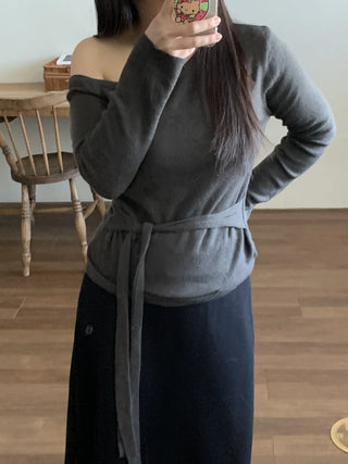 Ribbon Belt Puff Sleeve One-Shoulder Knit