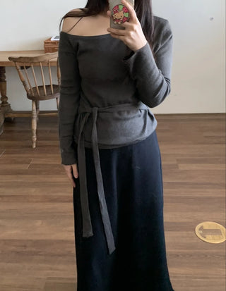 Ribbon Belt Puff Sleeve One-Shoulder Knit