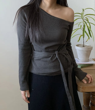 Ribbon Belt Puff Sleeve One-Shoulder Knit