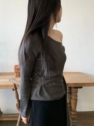 Ribbon Belt Puff Sleeve One-Shoulder Knit